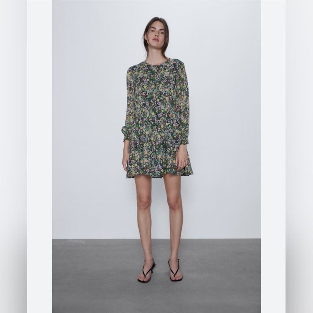 Zara floral print long sleeve baby doll mini dress size XL